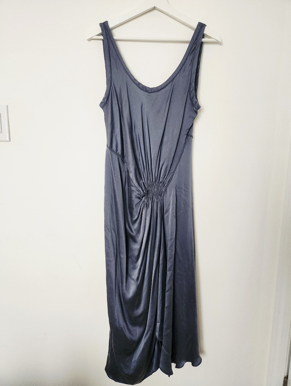Max Azria By BCBG 100% Silk Asymmetrical Draped Dress Blue Gray Size L